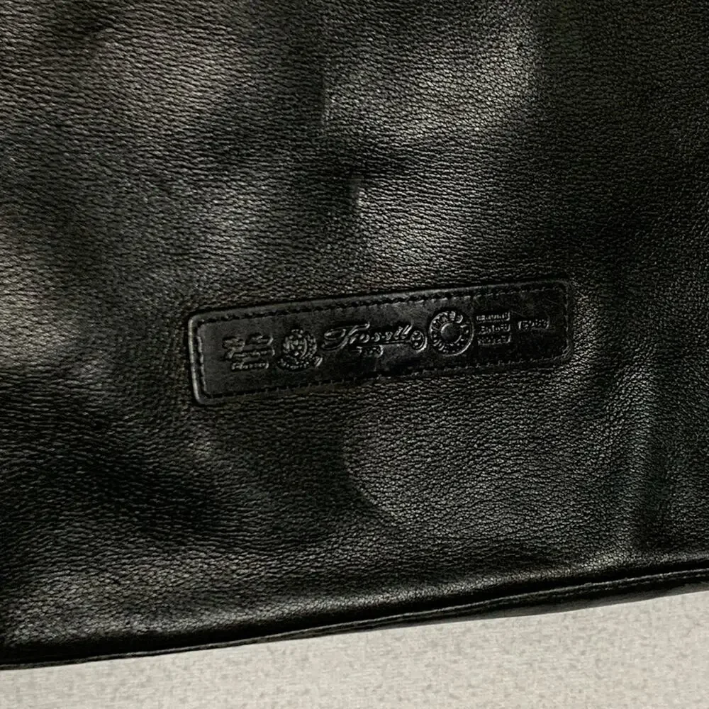 Fossil Black Leather Saddle Shoulder Bag Purse Large Zip Closure Key Charm